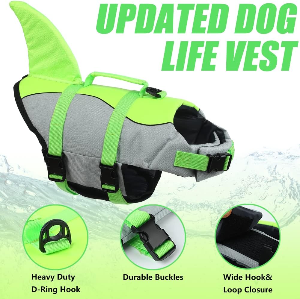 Dog Life Jacket Shark, Dog Life Vests for Small, Middle, Large Dogs with Rescue Handle Pet Flotation Vest Safety Lifesaver for Swimming Pool Beach Boating, (S,Pool Blue)