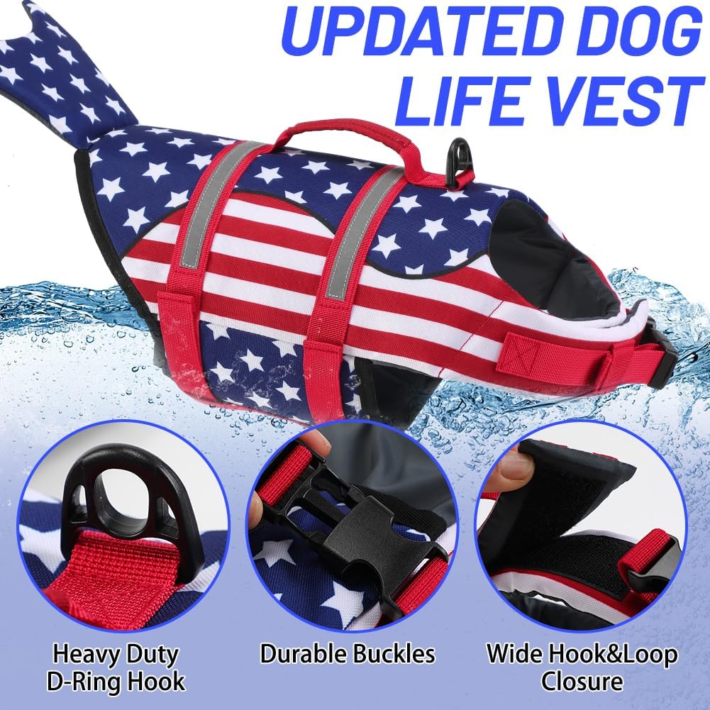 Dog Life Jacket Shark, Dog Life Vests for Small, Middle, Large Dogs with Rescue Handle Pet Flotation Vest Safety Lifesaver for Swimming Pool Beach Boating, (S,Pool Blue)