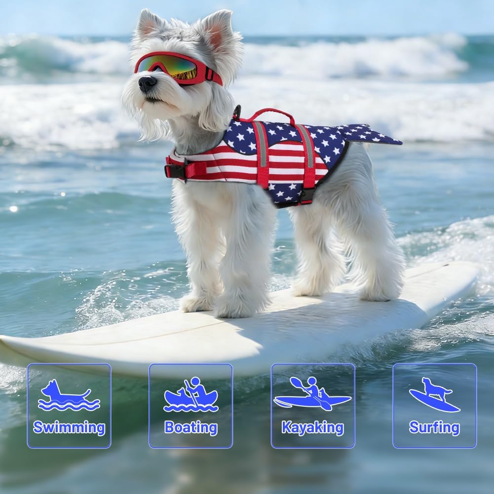 Dog Life Jacket Shark, Dog Life Vests for Small, Middle, Large Dogs with Rescue Handle Pet Flotation Vest Safety Lifesaver for Swimming Pool Beach Boating, (S,Pool Blue)