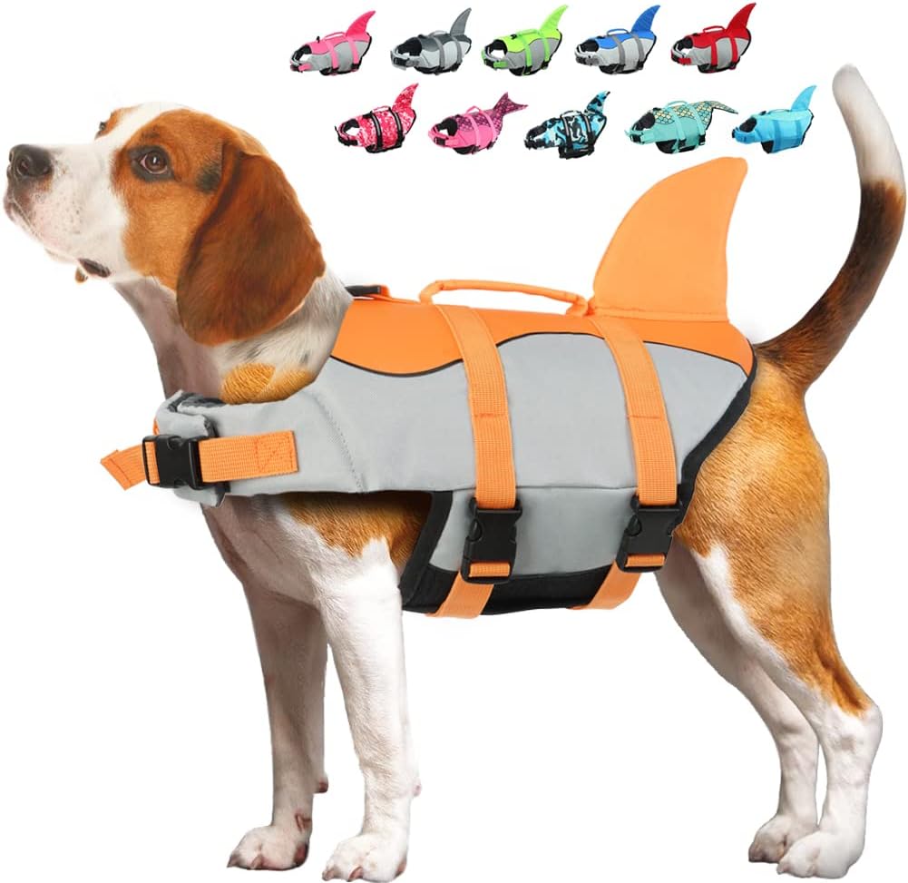 Dog Life Jacket Shark, Dog Life Vests for Small, Middle, Large Dogs with Rescue Handle Pet Flotation Vest Safety Lifesaver for Swimming Pool Beach Boating, (S,Pool Blue)