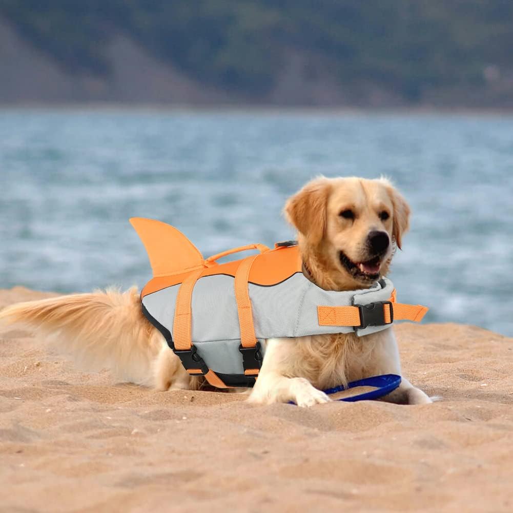 Dog Life Jacket Shark, Dog Life Vests for Small, Middle, Large Dogs with Rescue Handle Pet Flotation Vest Safety Lifesaver for Swimming Pool Beach Boating, (S,Pool Blue)