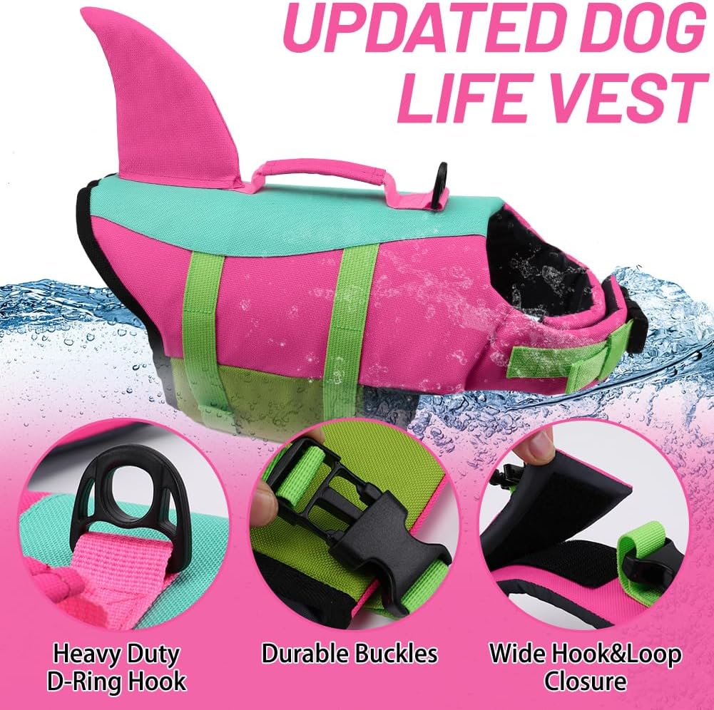 Dog Life Jacket Shark, Dog Life Vests for Small, Middle, Large Dogs with Rescue Handle Pet Flotation Vest Safety Lifesaver for Swimming Pool Beach Boating, (S,Pool Blue)
