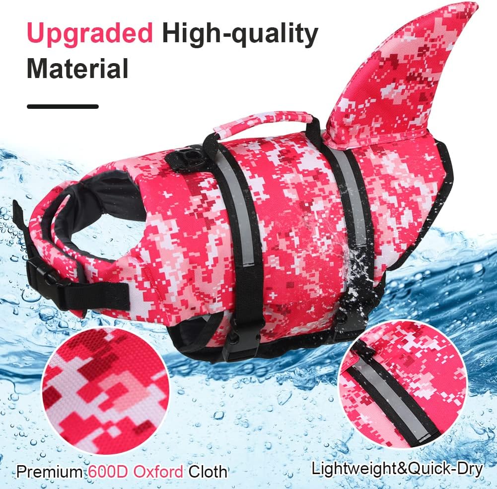 Dog Life Jacket Shark, Dog Life Vests for Small, Middle, Large Dogs with Rescue Handle Pet Flotation Vest Safety Lifesaver for Swimming Pool Beach Boating, (S,Pool Blue)