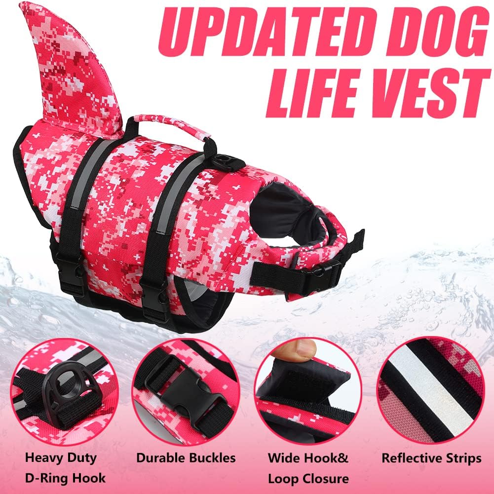Dog Life Jacket Shark, Dog Life Vests for Small, Middle, Large Dogs with Rescue Handle Pet Flotation Vest Safety Lifesaver for Swimming Pool Beach Boating, (S,Pool Blue)