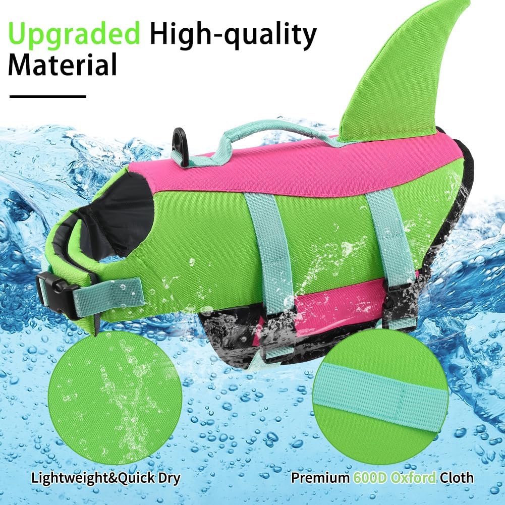 Dog Life Jacket Shark, Dog Life Vests for Small, Middle, Large Dogs with Rescue Handle Pet Flotation Vest Safety Lifesaver for Swimming Pool Beach Boating, (S,Pool Blue)