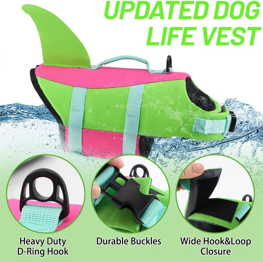 Dog Life Jacket Shark, Dog Life Vests for Small, Middle, Large Dogs with Rescue Handle Pet Flotation Vest Safety Lifesaver for Swimming Pool Beach Boating, (S,Pool Blue)