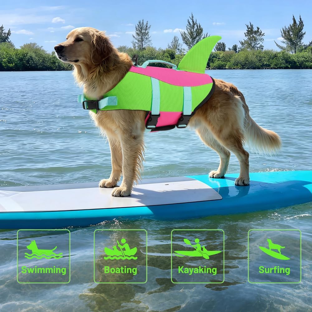 Dog Life Jacket Shark, Dog Life Vests for Small, Middle, Large Dogs with Rescue Handle Pet Flotation Vest Safety Lifesaver for Swimming Pool Beach Boating, (S,Pool Blue)