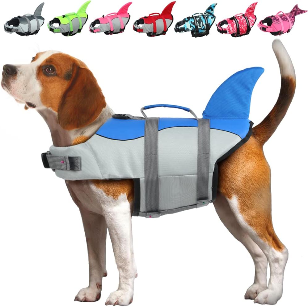 Dog Life Jacket Shark, Dog Life Vests for Small, Middle, Large Dogs with Rescue Handle Pet Flotation Vest Safety Lifesaver for Swimming Pool Beach Boating, (S,Pool Blue)