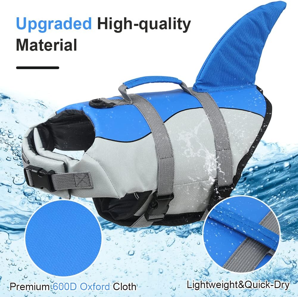 Dog Life Jacket Shark, Dog Life Vests for Small, Middle, Large Dogs with Rescue Handle Pet Flotation Vest Safety Lifesaver for Swimming Pool Beach Boating, (S,Pool Blue)