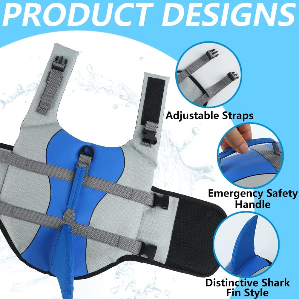 Dog Life Jacket Shark, Dog Life Vests for Small, Middle, Large Dogs with Rescue Handle Pet Flotation Vest Safety Lifesaver for Swimming Pool Beach Boating, (S,Pool Blue)