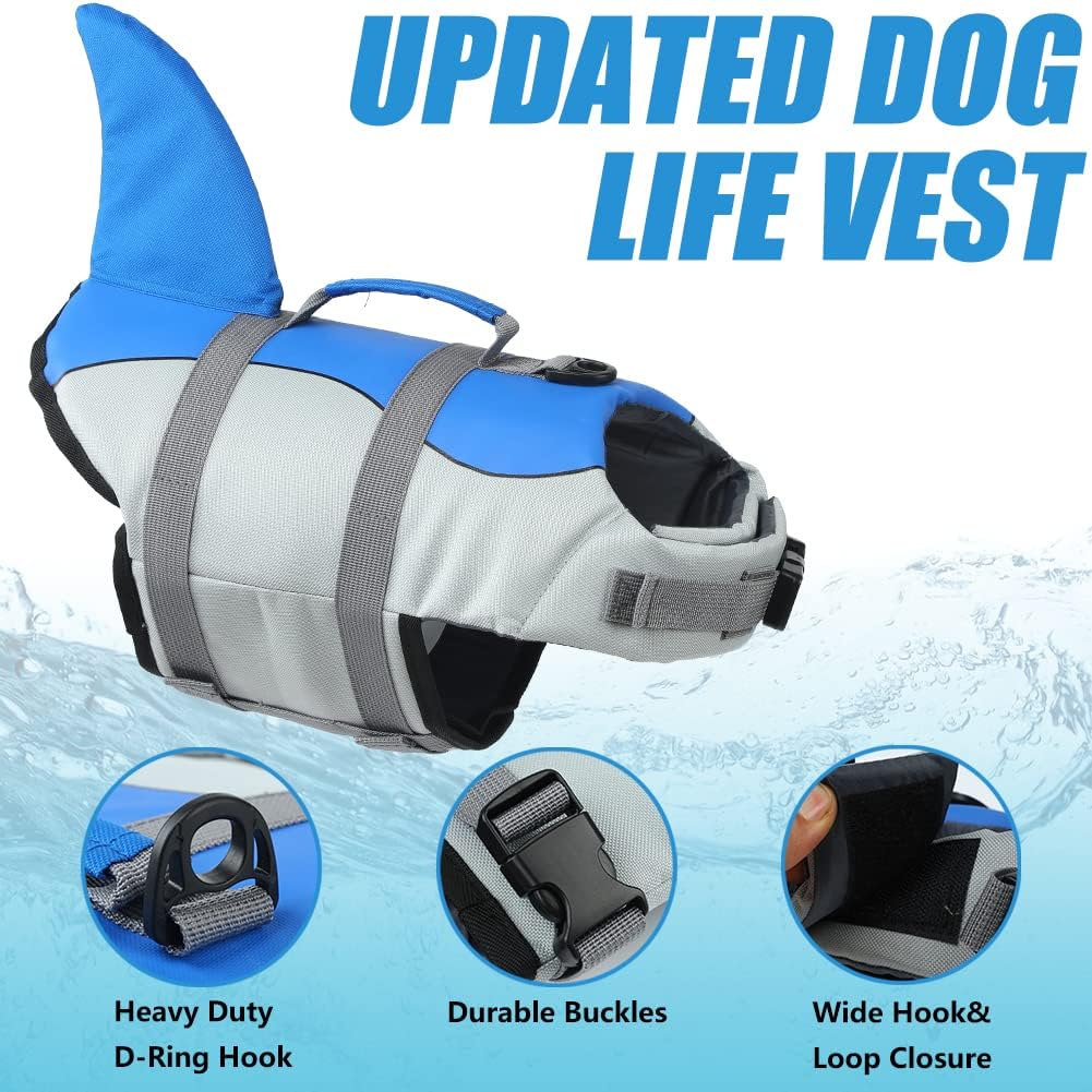 Dog Life Jacket Shark, Dog Life Vests for Small, Middle, Large Dogs with Rescue Handle Pet Flotation Vest Safety Lifesaver for Swimming Pool Beach Boating, (S,Pool Blue)