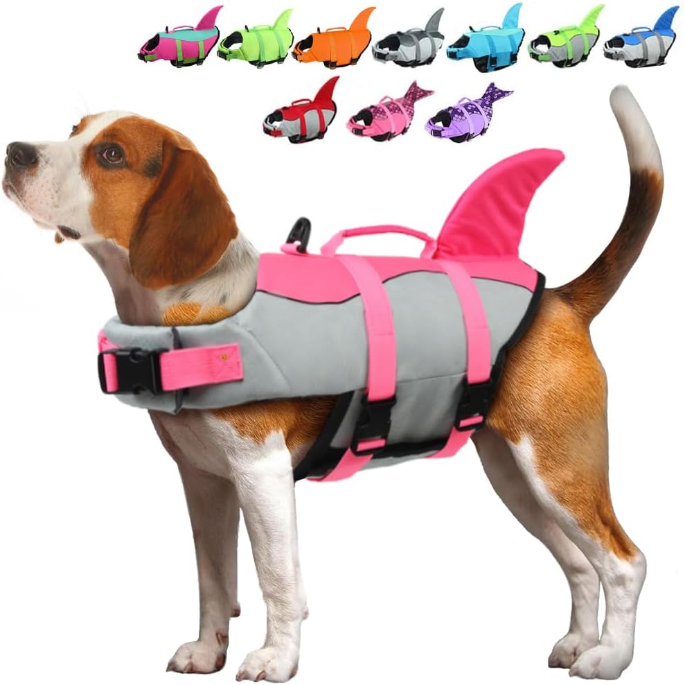 Dog Life Jacket Shark, Dog Life Vests for Small, Middle, Large Dogs with Rescue Handle Pet Flotation Vest Safety Lifesaver for Swimming Pool Beach Boating, (S,Pool Blue)