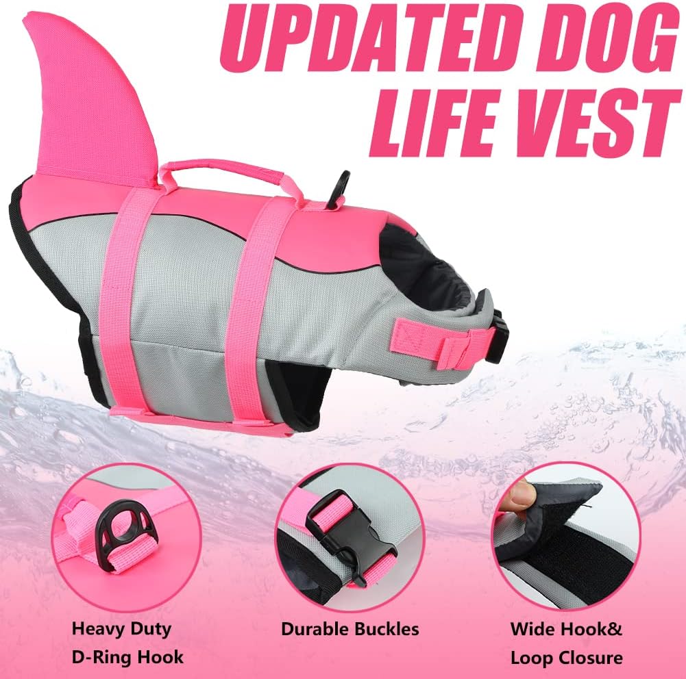 Dog Life Jacket Shark, Dog Life Vests for Small, Middle, Large Dogs with Rescue Handle Pet Flotation Vest Safety Lifesaver for Swimming Pool Beach Boating, (S,Pool Blue)