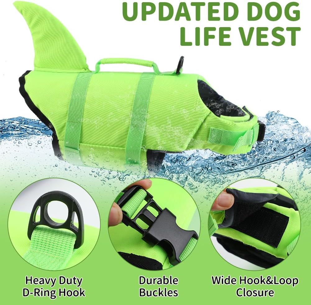 Dog Life Jacket Shark, Dog Life Vests for Small, Middle, Large Dogs with Rescue Handle Pet Flotation Vest Safety Lifesaver for Swimming Pool Beach Boating, (S,Pool Blue)