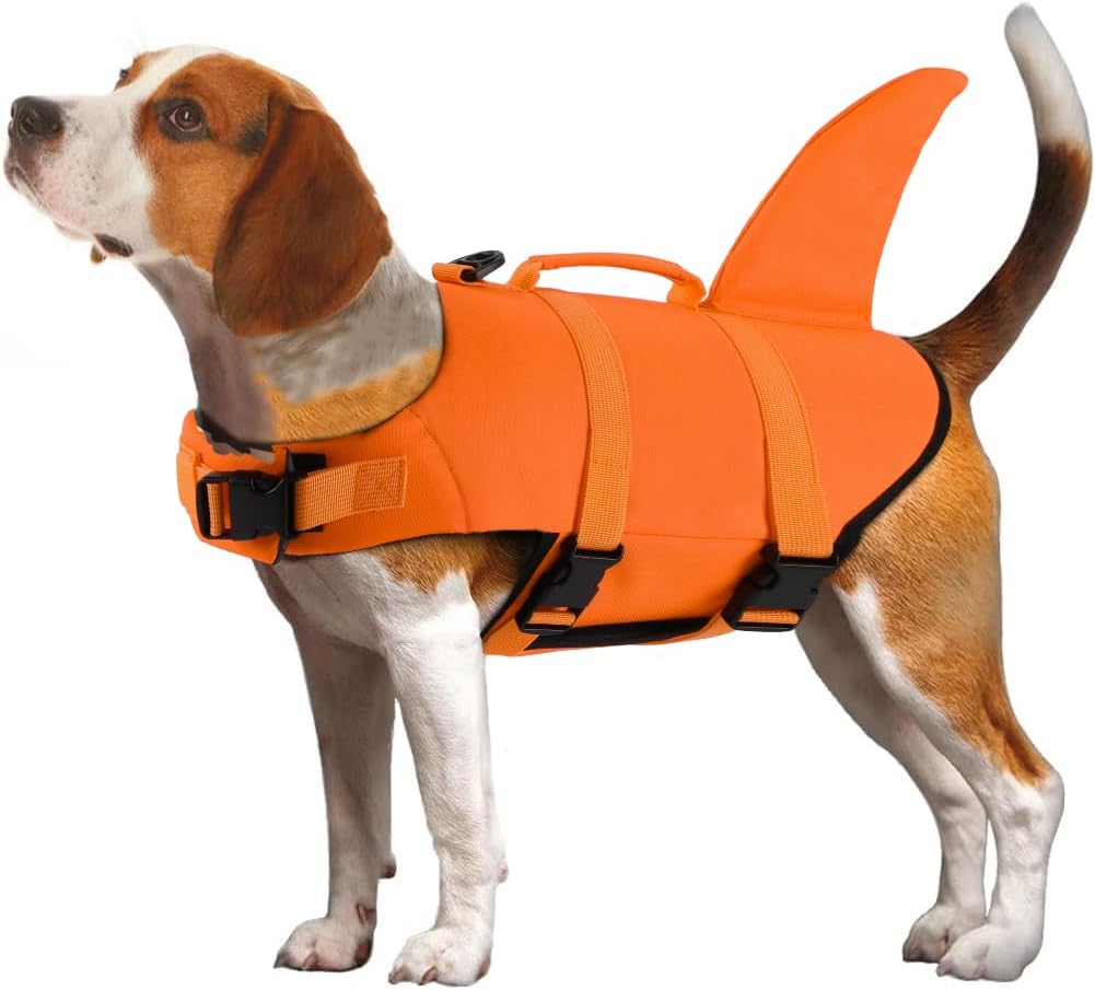Dog Life Jacket Shark, Dog Life Vests for Small, Middle, Large Dogs with Rescue Handle Pet Flotation Vest Safety Lifesaver for Swimming Pool Beach Boating, (S,Pool Blue)