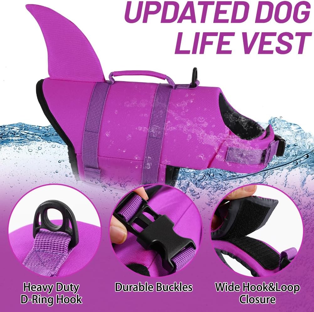 Dog Life Jacket Shark, Dog Life Vests for Small, Middle, Large Dogs with Rescue Handle Pet Flotation Vest Safety Lifesaver for Swimming Pool Beach Boating, (S,Pool Blue)