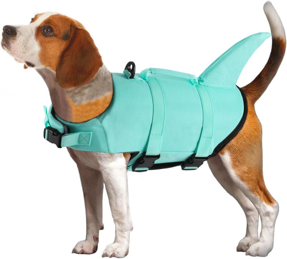 Dog Life Jacket Shark, Dog Life Vests for Small, Middle, Large Dogs with Rescue Handle Pet Flotation Vest Safety Lifesaver for Swimming Pool Beach Boating, (S,Pool Blue)