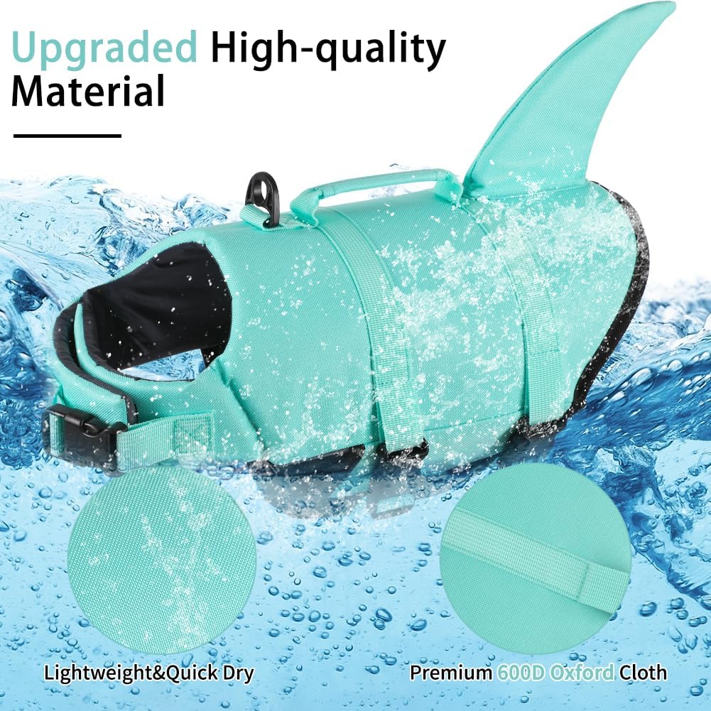 Dog Life Jacket Shark, Dog Life Vests for Small, Middle, Large Dogs with Rescue Handle Pet Flotation Vest Safety Lifesaver for Swimming Pool Beach Boating, (S,Pool Blue)