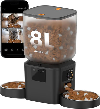 Automatic Dog Feeder - 8L/34 Cups Large Capacity Automatic Cat Food Dispenser with LCD Screen, Large Food Tray, Battery Operated, Timed Cat Feeder, Up to 50 Portions 6 Meals Per Day, Keeps Fresh