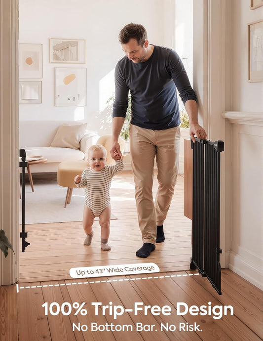 Removable & No Bottom Bar Baby Gate, 35.5-55" Hardware Mounted (Drill Needed)| Wide Walk-Thru| Auto-Close Safety Dog/Pet Gate for Stairs & Doorways (Black, 35.5-55" W, 30" H)