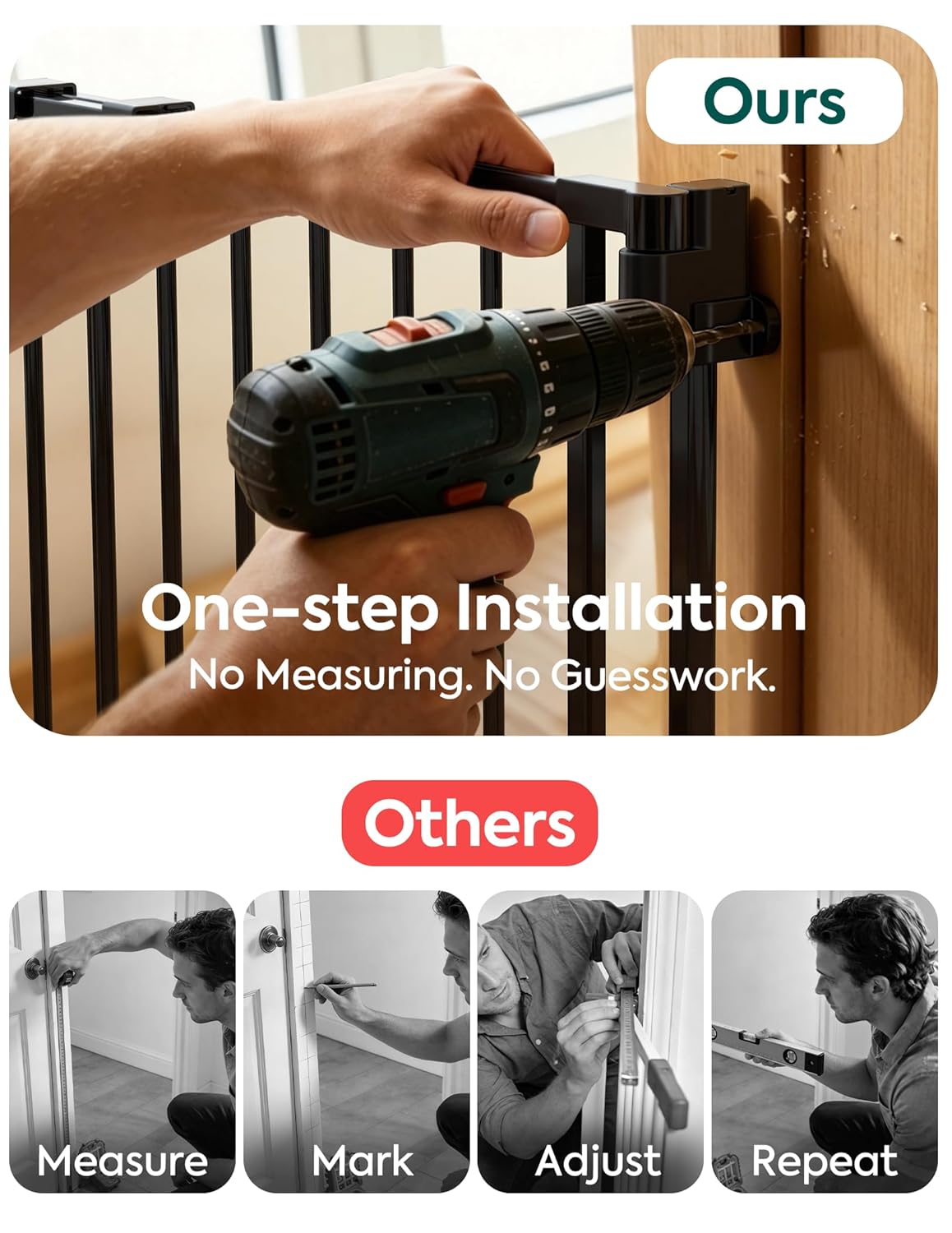 Removable & No Bottom Bar Baby Gate, 35.5-55" Hardware Mounted (Drill Needed)| Wide Walk-Thru| Auto-Close Safety Dog/Pet Gate for Stairs & Doorways (Black, 35.5-55" W, 30" H)