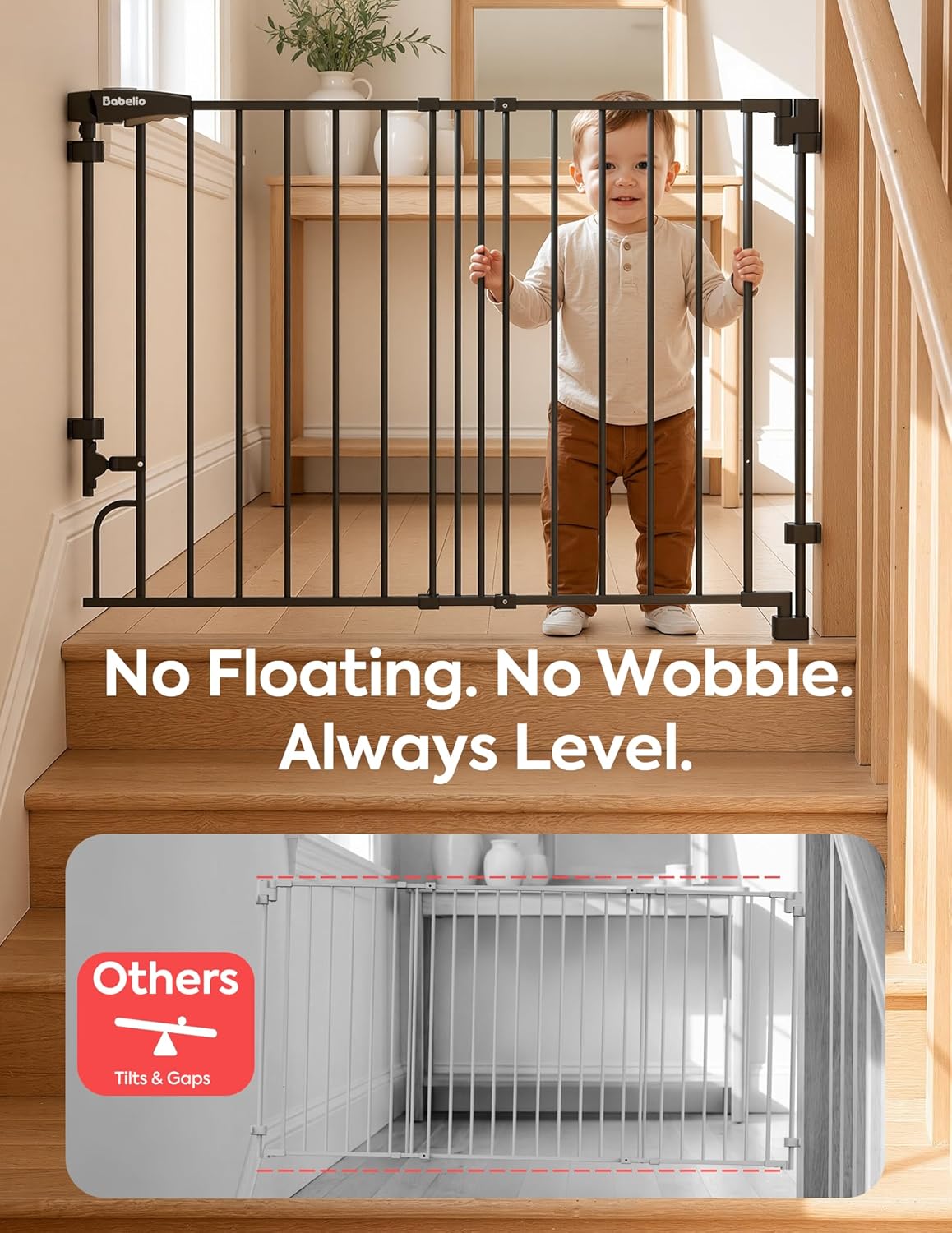Removable & No Bottom Bar Baby Gate, 35.5-55" Hardware Mounted (Drill Needed)| Wide Walk-Thru| Auto-Close Safety Dog/Pet Gate for Stairs & Doorways (Black, 35.5-55" W, 30" H)