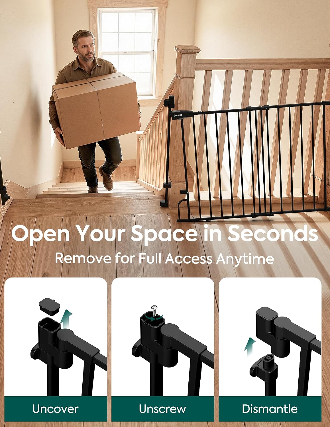 Removable & No Bottom Bar Baby Gate, 35.5-55" Hardware Mounted (Drill Needed)| Wide Walk-Thru| Auto-Close Safety Dog/Pet Gate for Stairs & Doorways (Black, 35.5-55" W, 30" H)