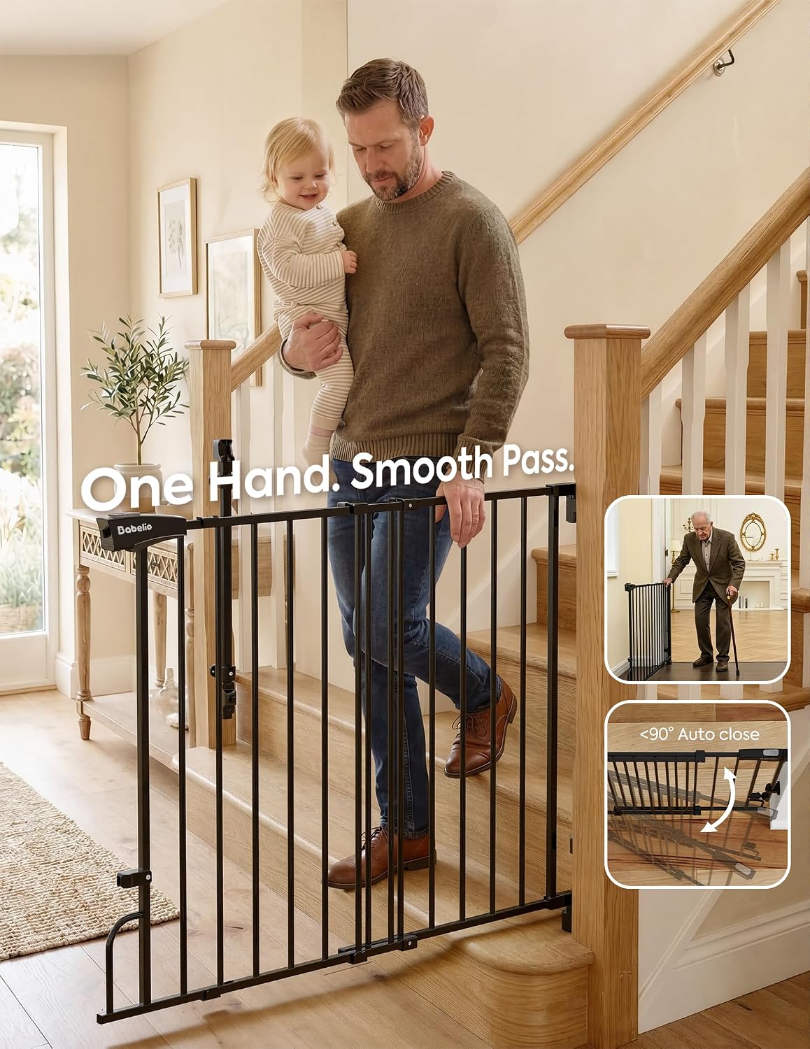 Removable & No Bottom Bar Baby Gate, 35.5-55" Hardware Mounted (Drill Needed)| Wide Walk-Thru| Auto-Close Safety Dog/Pet Gate for Stairs & Doorways (Black, 35.5-55" W, 30" H)