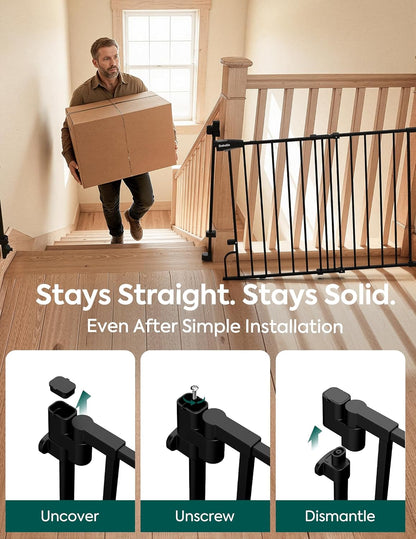 Removable & No Bottom Bar Baby Gate, 35.5-55" Hardware Mounted (Drill Needed)| Wide Walk-Thru| Auto-Close Safety Dog/Pet Gate for Stairs & Doorways (Black, 35.5-55" W, 30" H)