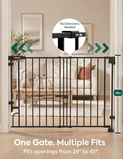 Removable & No Bottom Bar Baby Gate, 35.5-55" Hardware Mounted (Drill Needed)| Wide Walk-Thru| Auto-Close Safety Dog/Pet Gate for Stairs & Doorways (Black, 35.5-55" W, 30" H)