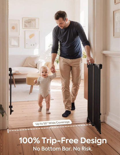 Removable & No Bottom Bar Baby Gate, 35.5-55" Hardware Mounted (Drill Needed)| Wide Walk-Thru| Auto-Close Safety Dog/Pet Gate for Stairs & Doorways (Black, 35.5-55" W, 30" H)