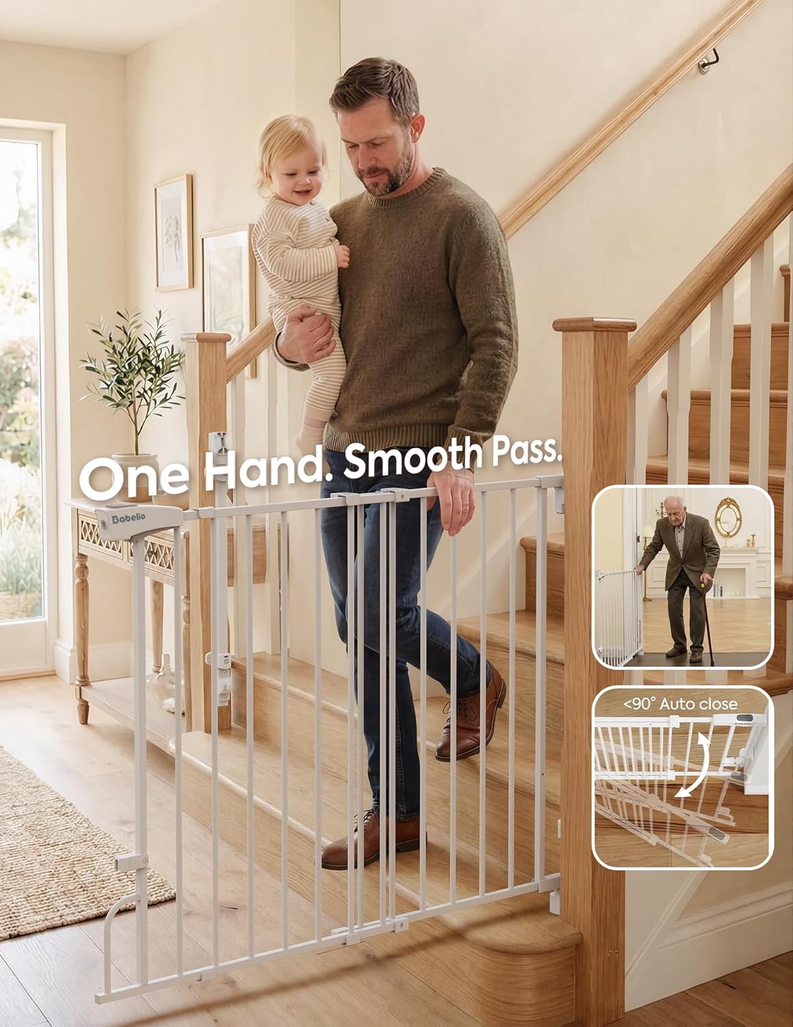 Removable & No Bottom Bar Baby Gate, 35.5-55" Hardware Mounted (Drill Needed)| Wide Walk-Thru| Auto-Close Safety Dog/Pet Gate for Stairs & Doorways (Black, 35.5-55" W, 30" H)