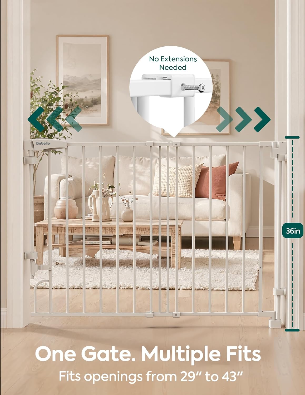 Removable & No Bottom Bar Baby Gate, 35.5-55" Hardware Mounted (Drill Needed)| Wide Walk-Thru| Auto-Close Safety Dog/Pet Gate for Stairs & Doorways (Black, 35.5-55" W, 30" H)