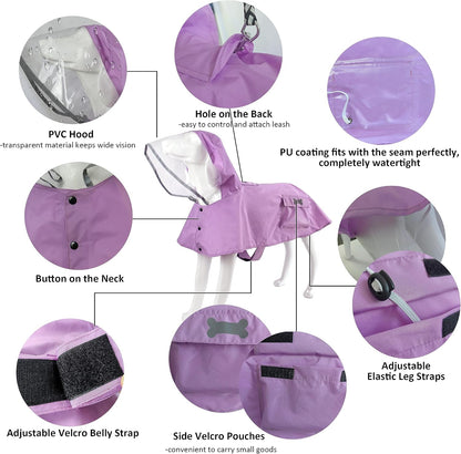 Waterproof Dog Raincoat, Adjustable Reflective Lightweight Pet Rain Clothes with Poncho Hood(Medium, Light Purple)