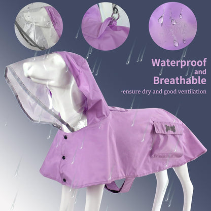 Waterproof Dog Raincoat, Adjustable Reflective Lightweight Pet Rain Clothes with Poncho Hood(Medium, Light Purple)