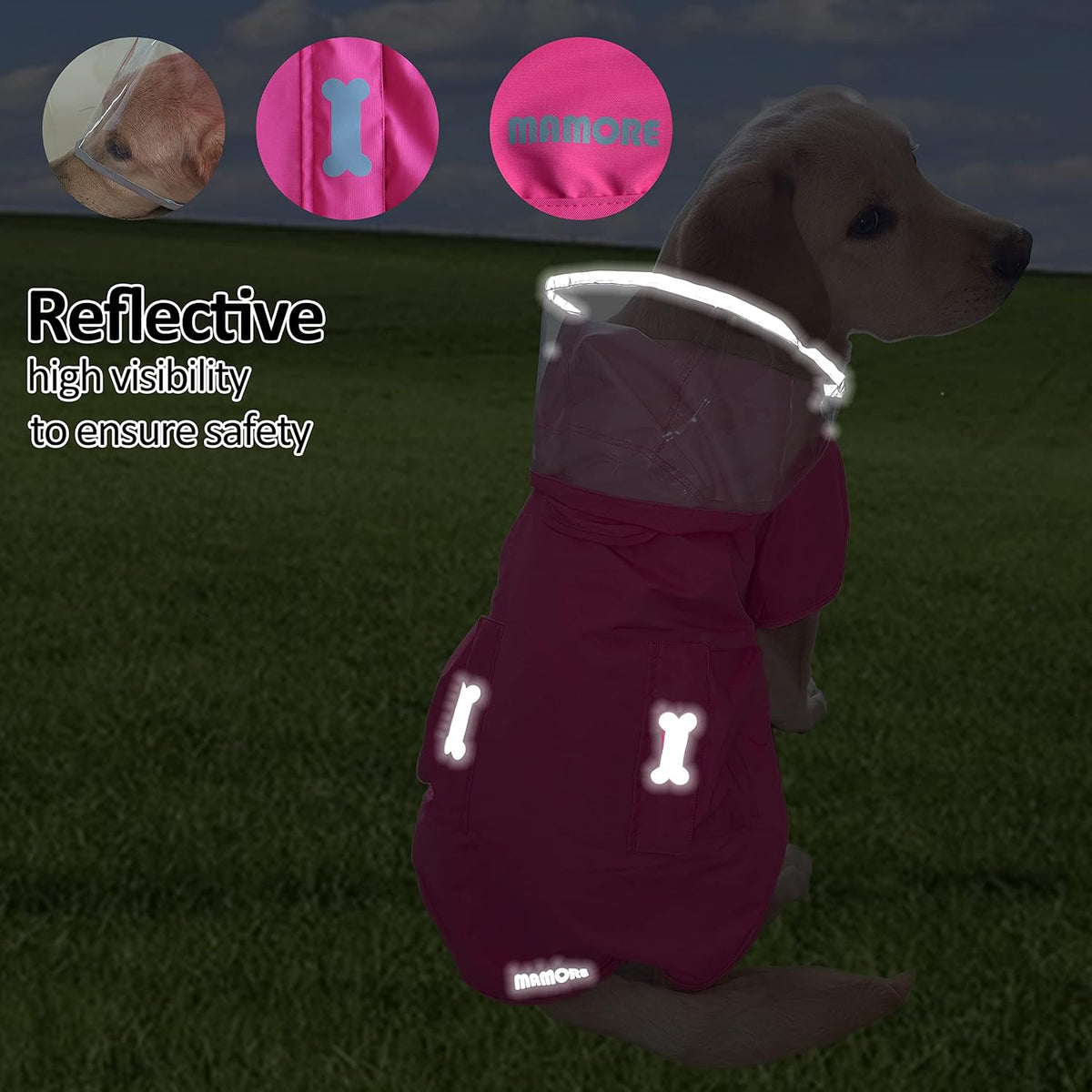 Waterproof Dog Raincoat, Adjustable Reflective Lightweight Pet Rain Clothes with Poncho Hood(Medium, Light Purple)