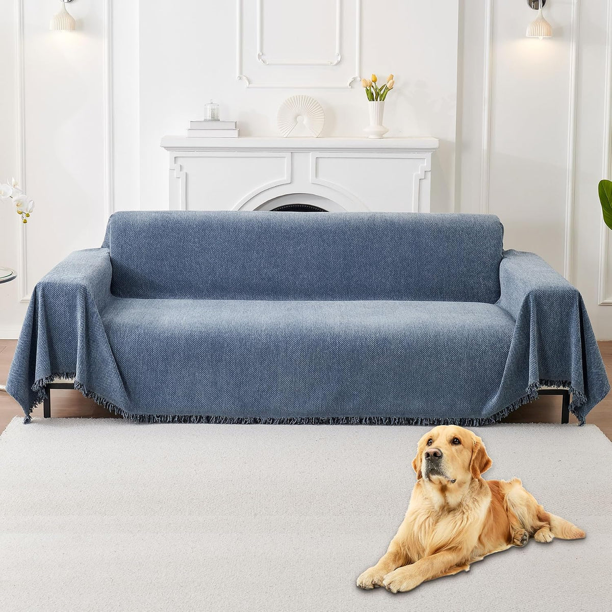 Non Slip Couch Cover Sofa Covers for 3 Cushion Couch Washable sectional Couch Covers for Dogs pet Furniture Protector Couch Cover Blanket for Living Room (Off White, 91"x134")