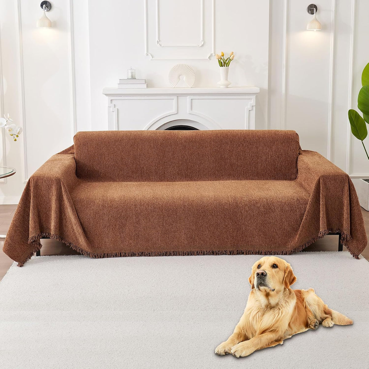 Non Slip Couch Cover Sofa Covers for 3 Cushion Couch Washable sectional Couch Covers for Dogs pet Furniture Protector Couch Cover Blanket for Living Room (Off White, 91"x134")
