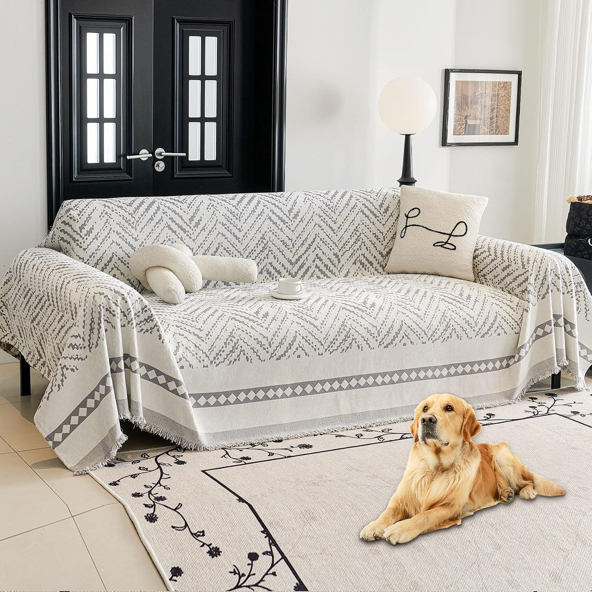 Non Slip Couch Cover Sofa Covers for 3 Cushion Couch Washable sectional Couch Covers for Dogs pet Furniture Protector Couch Cover Blanket for Living Room (Off White, 91"x134")