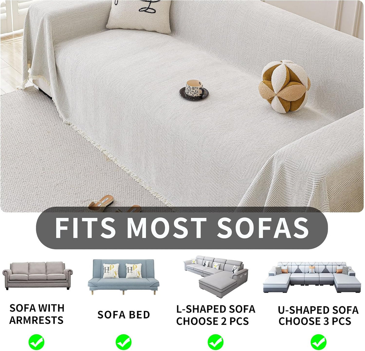 Non Slip Couch Cover Sofa Covers for 3 Cushion Couch Washable sectional Couch Covers for Dogs pet Furniture Protector Couch Cover Blanket for Living Room (Off White, 91"x134")