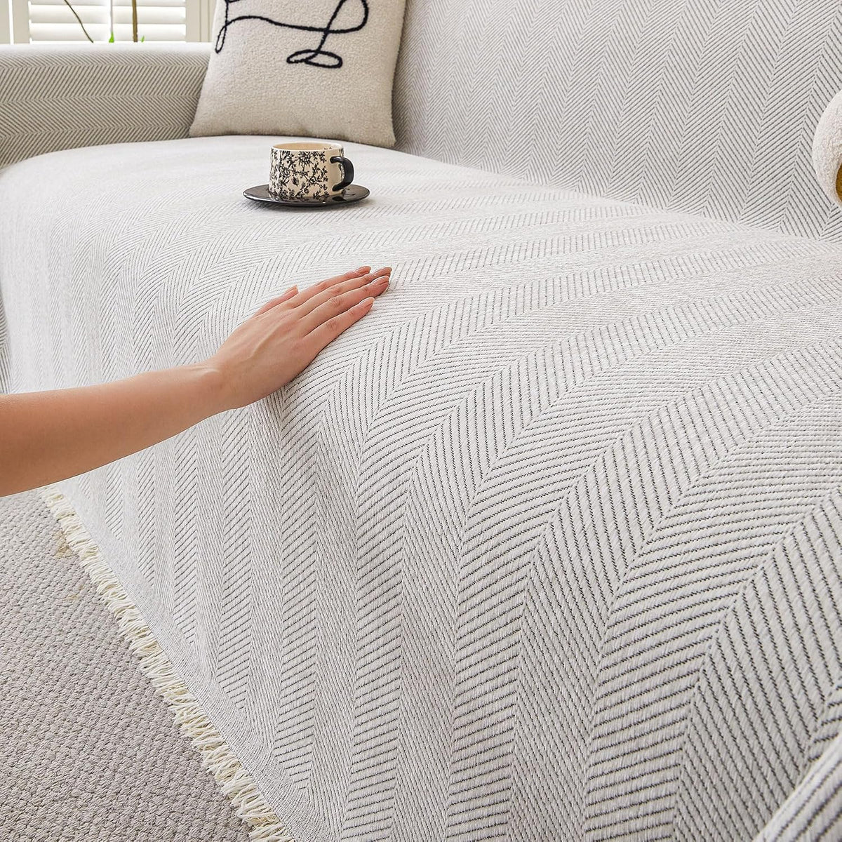 Non Slip Couch Cover Sofa Covers for 3 Cushion Couch Washable sectional Couch Covers for Dogs pet Furniture Protector Couch Cover Blanket for Living Room (Off White, 91"x134")