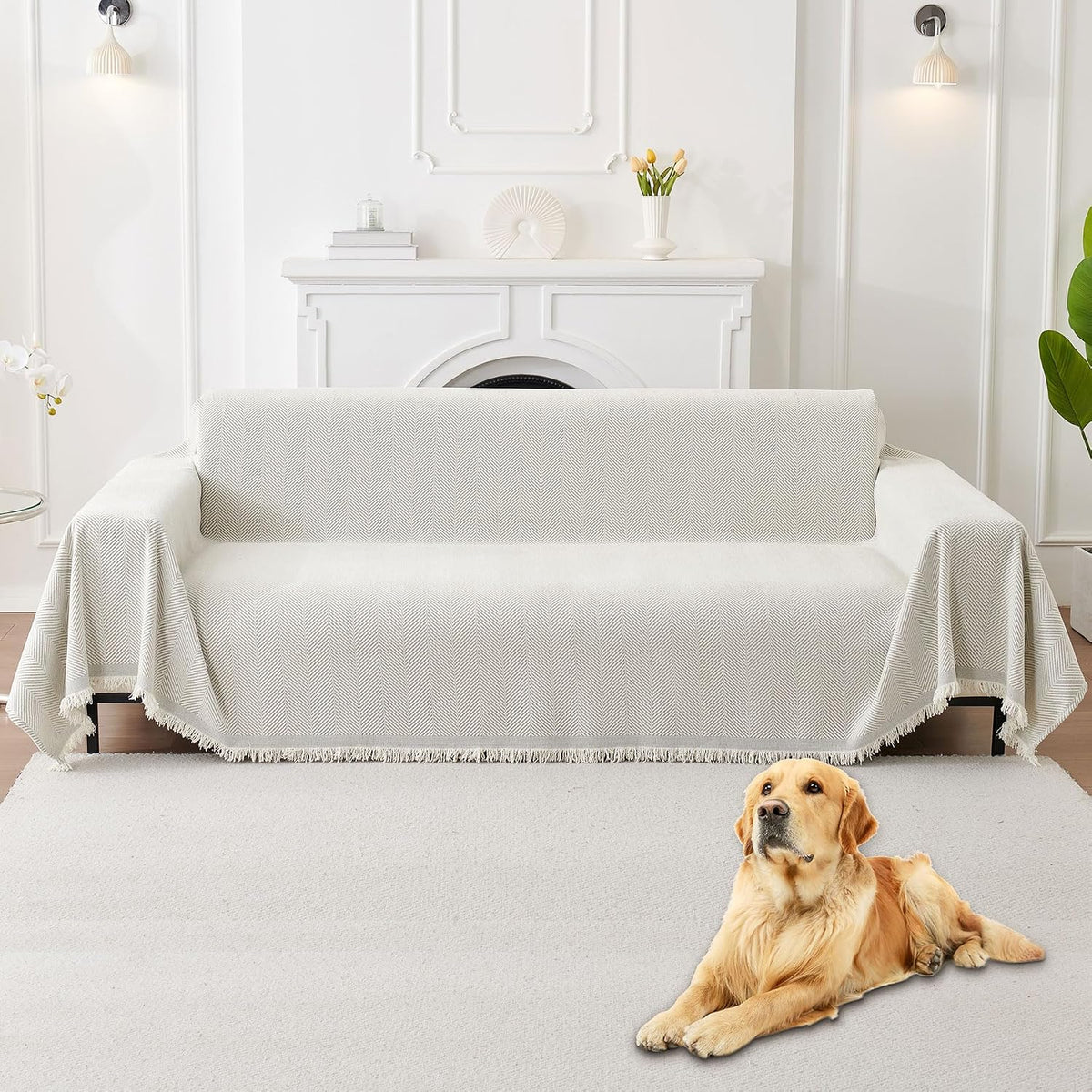 Non Slip Couch Cover Sofa Covers for 3 Cushion Couch Washable sectional Couch Covers for Dogs pet Furniture Protector Couch Cover Blanket for Living Room (Off White, 91"x134")