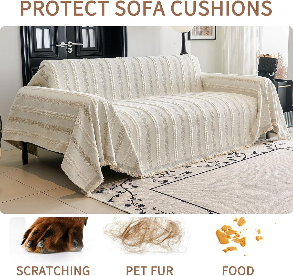 Non Slip Couch Cover Sofa Covers for 3 Cushion Couch Washable sectional Couch Covers for Dogs pet Furniture Protector Couch Cover Blanket for Living Room (Off White, 91"x134")