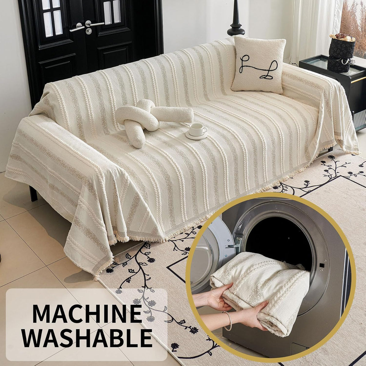 Non Slip Couch Cover Sofa Covers for 3 Cushion Couch Washable sectional Couch Covers for Dogs pet Furniture Protector Couch Cover Blanket for Living Room (Off White, 91"x134")