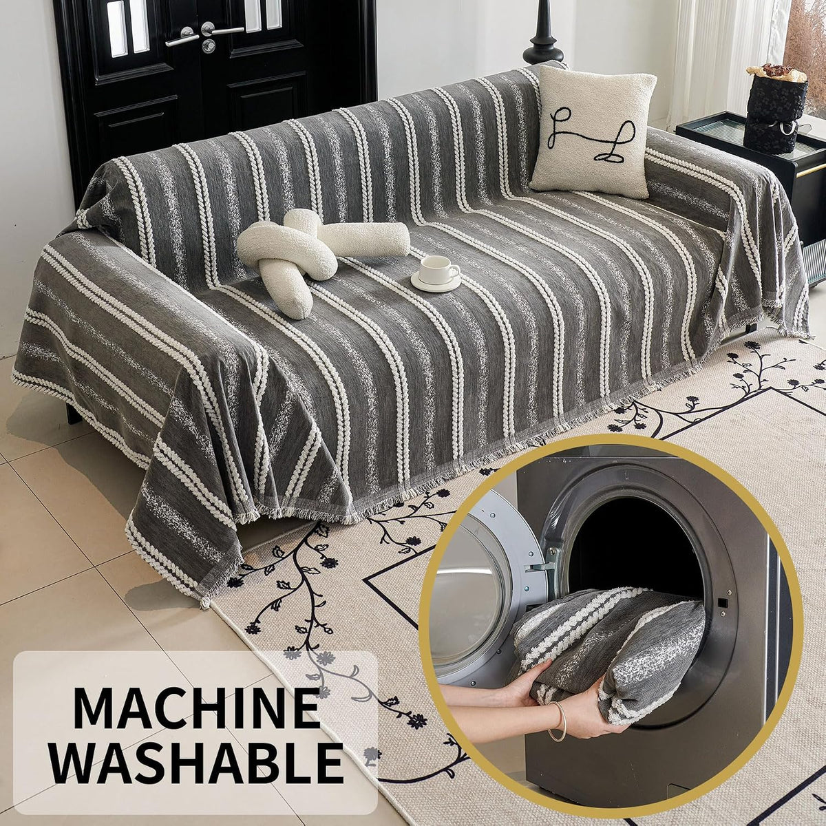 Non Slip Couch Cover Sofa Covers for 3 Cushion Couch Washable sectional Couch Covers for Dogs pet Furniture Protector Couch Cover Blanket for Living Room (Off White, 91"x134")