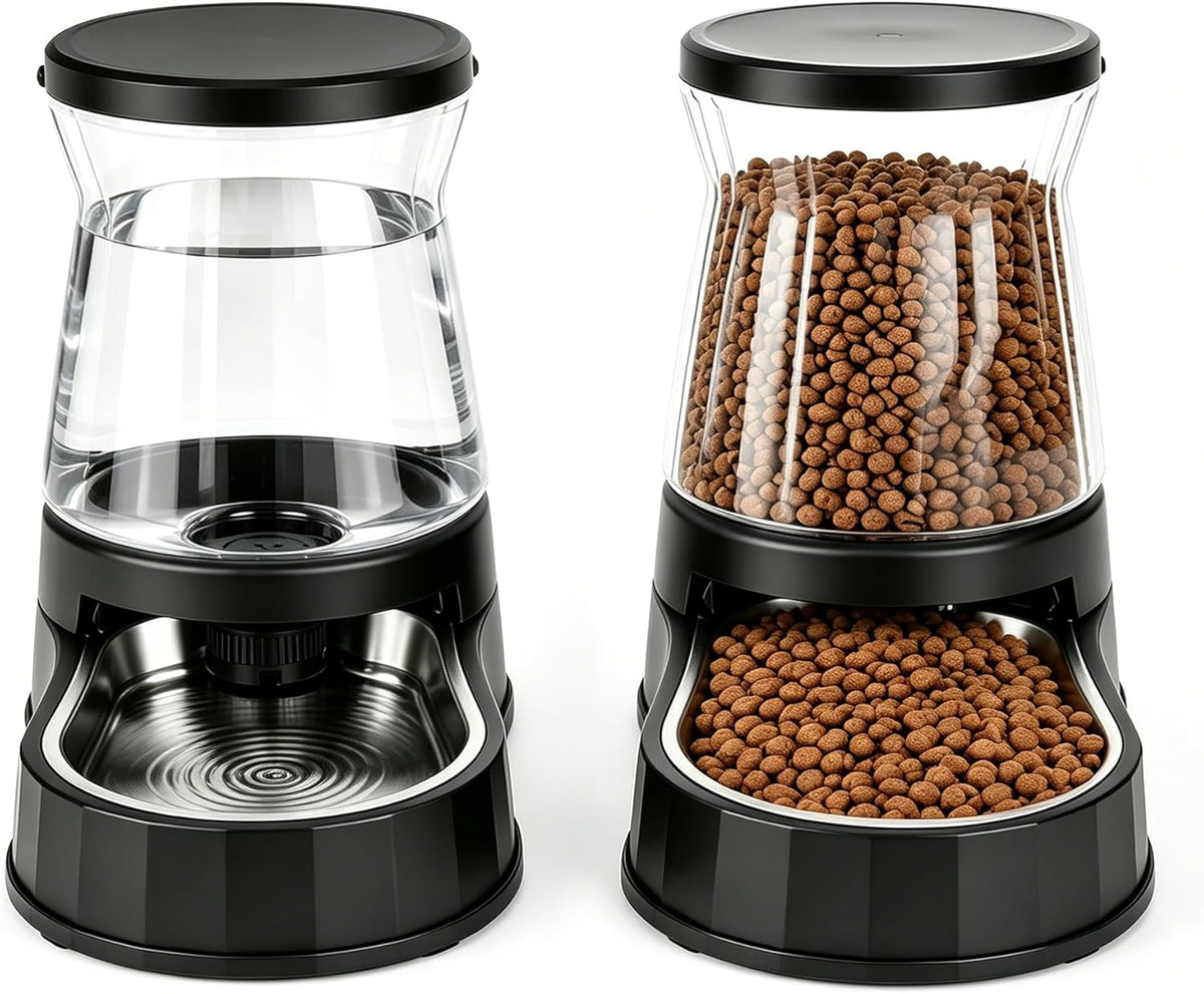 Automatic Dog Feeder and Water Dispenser with Stainless Steel Bowl, Dog Gravity Food Feeder and Waterer for Large Medium Pets 2.1 Gallon x 2
