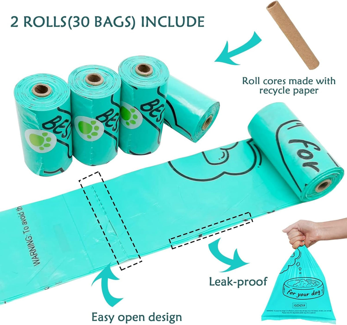 Dog Poop Pickup Bags Holder Dispenser with Standard-Sized Leak-Proof Scented Doggy Waste Bags and Carabiner with Safety Lock&Fastener Never Loose on Leash Lead Again (1 Holder 15 Bags, Black)