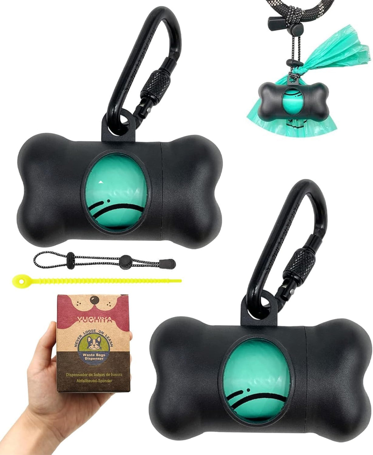 Dog Poop Pickup Bags Holder Dispenser with Standard-Sized Leak-Proof Scented Doggy Waste Bags and Carabiner with Safety Lock&Fastener Never Loose on Leash Lead Again (1 Holder 15 Bags, Black)