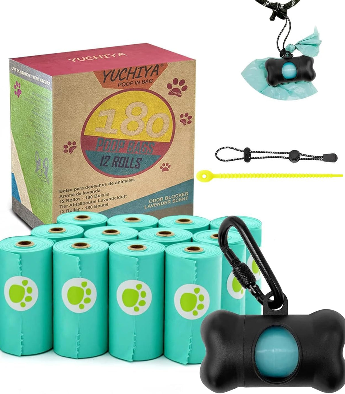 Dog Poop Pickup Bags Holder Dispenser with Standard-Sized Leak-Proof Scented Doggy Waste Bags and Carabiner with Safety Lock&Fastener Never Loose on Leash Lead Again (1 Holder 15 Bags, Black)