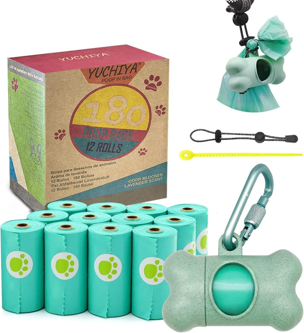 Dog Poop Pickup Bags Holder Dispenser with Standard-Sized Leak-Proof Scented Doggy Waste Bags and Carabiner with Safety Lock&Fastener Never Loose on Leash Lead Again (1 Holder 15 Bags, Black)